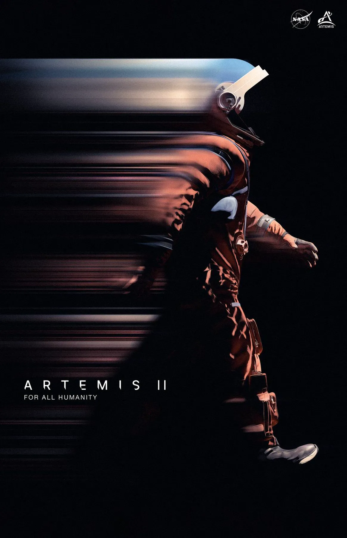 NASAs ferdplakat for Artemis II, med en astronaut i trykkdrakt strukket ut i bevegelsesuskarphet