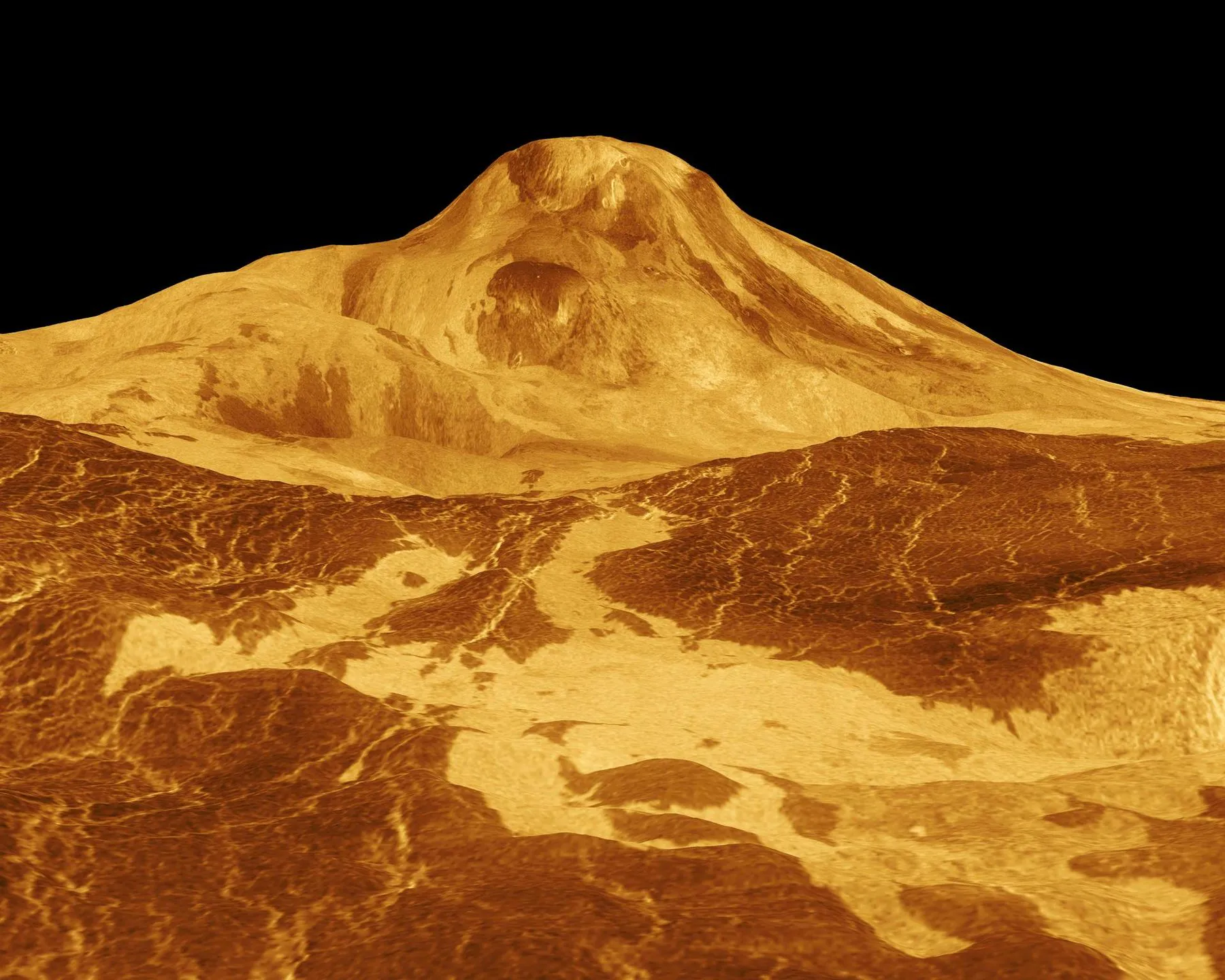 Maat Mons, en vulkan på åtte kilometer på Venus, i et radarperspektiv fra Magellan